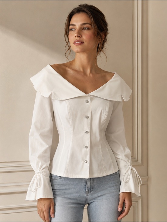 Victor Costa Tops - Vintage Victor Costa White Off Shoulder Statement Blouse Size 14 Rhinestone